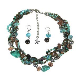 Set 3 Necklace  18 in Earrings Silvertone Multi- Strand Beaded Faux Stone Plasti